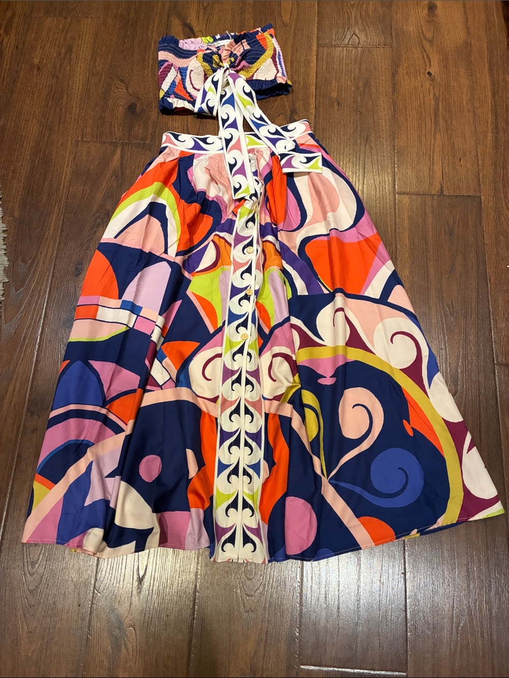 Bold Swirl Print Maxi Skirt in Navy, Pink, Orange and Cream